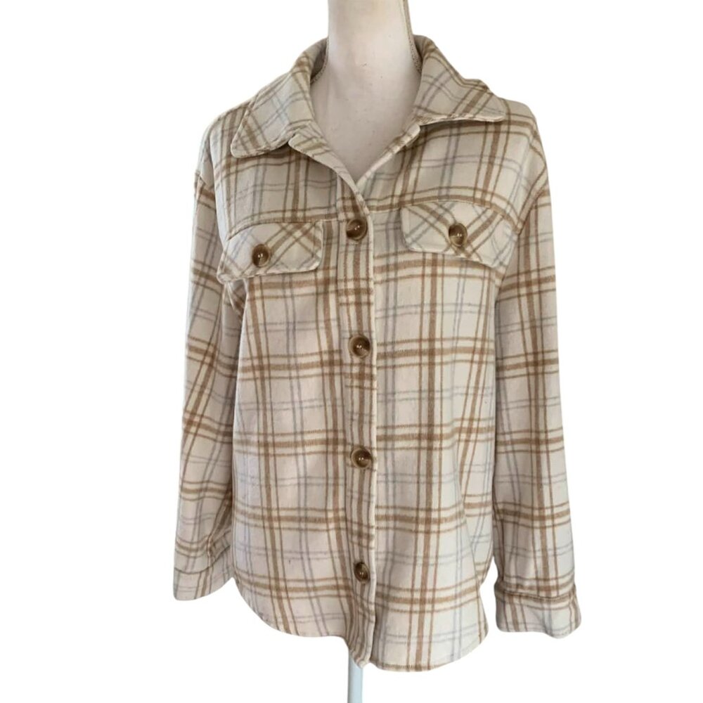 ANDREE BY UNIT Plaid Flannel Shacket in a Cream and Tan Color Palette